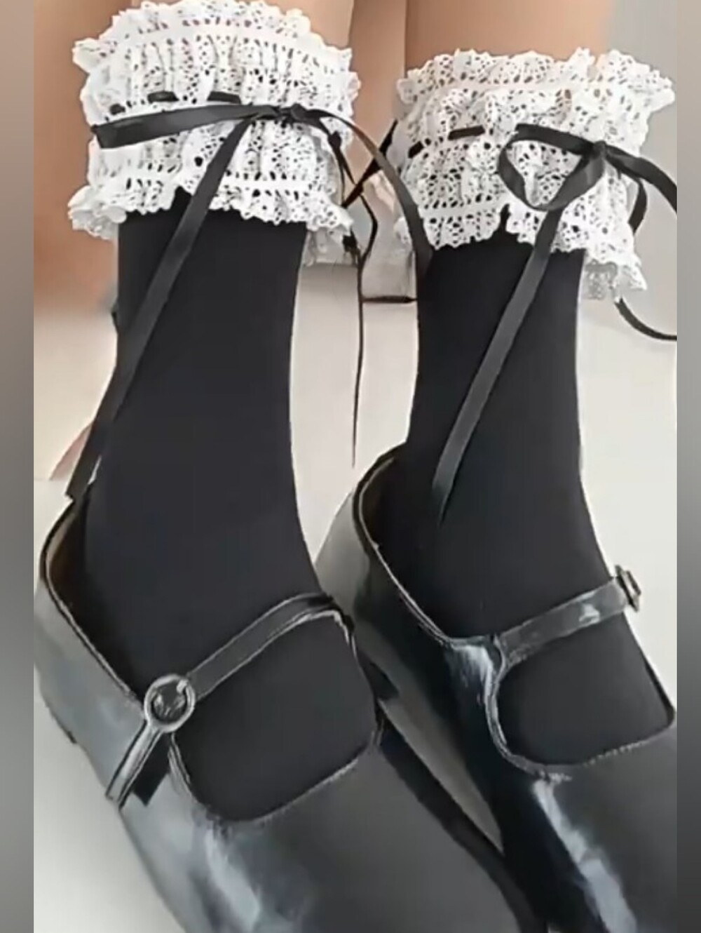 Black Lolita Ankle Socks With White Ruffle Trim And Bow